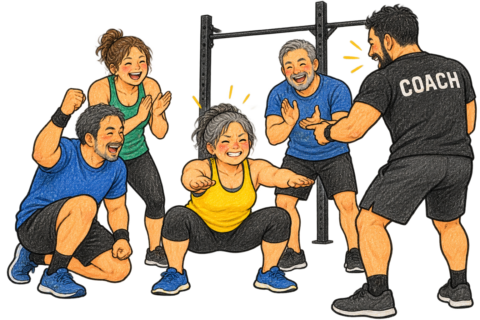 CrossFit treenit Iisalmi: valmentaja ja treenikaverit kannustavat viimeistä urheilijaa Cindyn viimeisissä kyykyissä